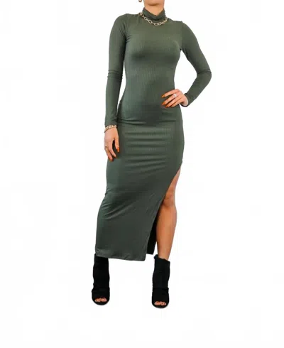 Surelymine Turtle Neck Maxi Rib Dress With Side Slit In Olive In Green