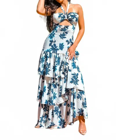 Surelymine Visual Landscape Floral Print Ruffle Maxi Dress In Multi In Blue