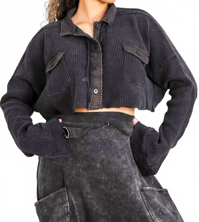 Surelymine Waffle Knit Cropped Button-up In Black In Blue