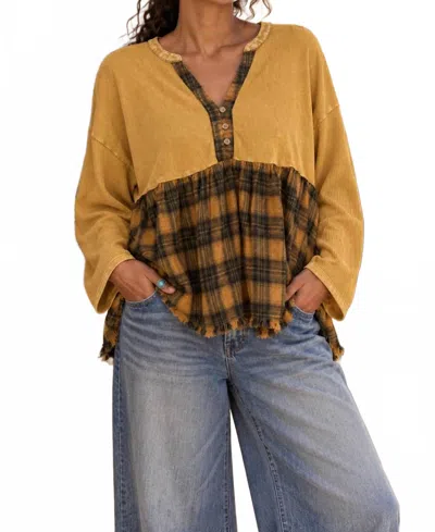 Surelymine Waffle Knit Plaid Peplum Henley Tunic In Mustard In Yellow