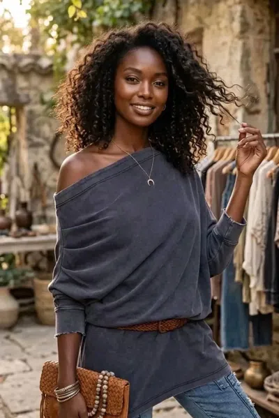 Surelymine Weekend Wander Off-shoulder Oversized Top In Navy In Blue