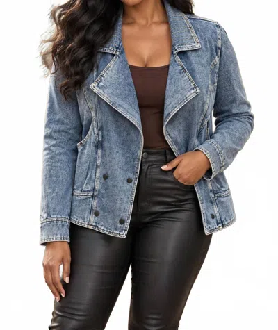 Surelymine Women's Double Breasted Acid Wash Denim Jacket In Blue