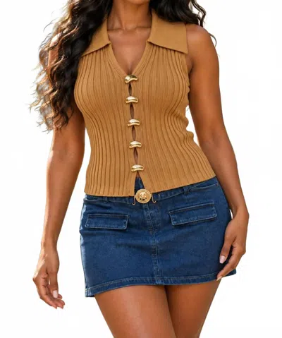 Surelymine Women's Ribbed Knit Halter Top In Camel In Brown