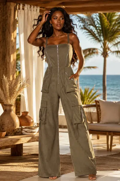 Surelymine Zip Front Utility Cargo Wide Leg Jumpsuit In Olive In Green