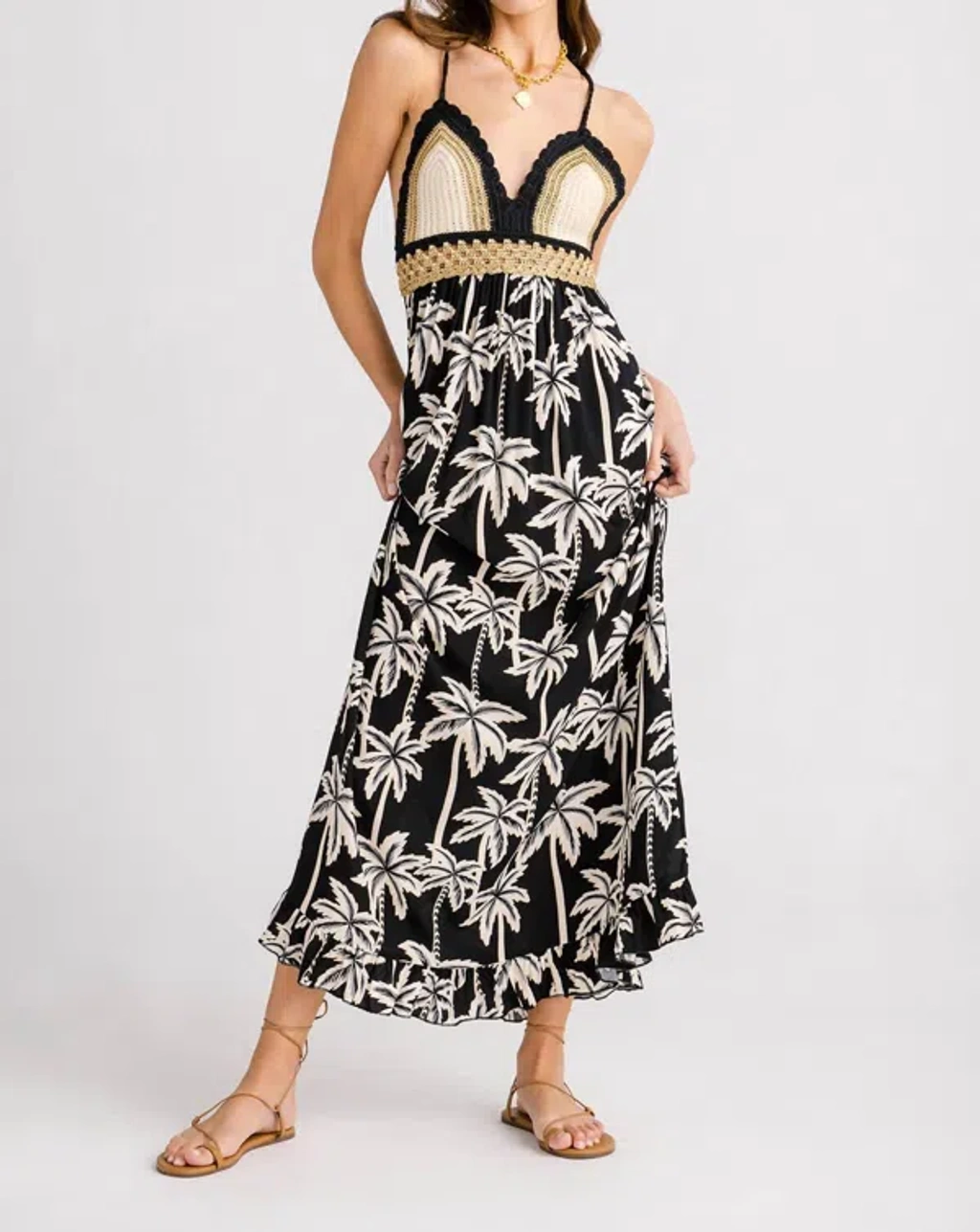 surf gypsy crochet dress Stripe Crochet Midi Dress with Side Ties Small / Ivory/Brown Stripe