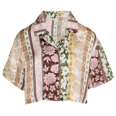 Surf Gypsy Pacific Tropical Satin Printed Cropped Button Up In Multi