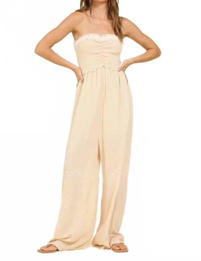 Surf Gypsy Smocked Wide-leg Jumpsuit In Sand With Ivory In Metallic