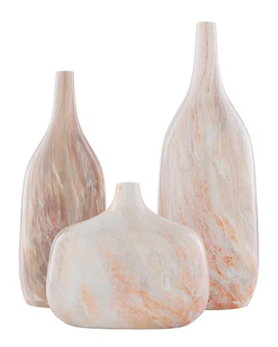 Surya Set Of 3 Marble Decor Vases In White/orange