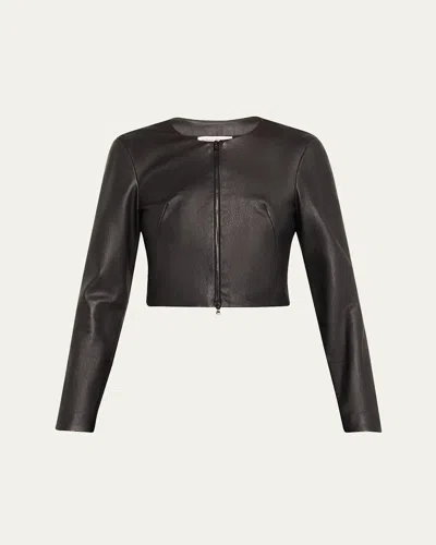 Susan Bender Stretch Lambskin Leather Cardigan In Black