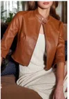Susan Bender Stretch Leather Crop Zip Sleeve Moto Cross Jacket In Saddle In Brown