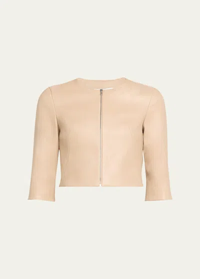 Susan Bender Stretch Leather Zip-front Cardigan In Oat