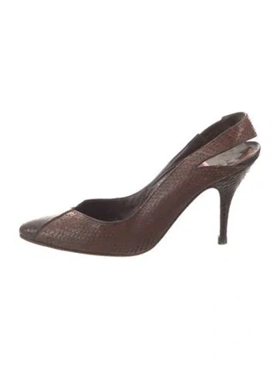 Pre-owned Susan Bennis/warren Edwards Snakeskin Leather Trim Embellishment Slingback Pumps In Brown