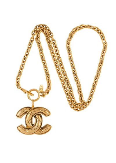 Susan Caplan 1980s Vintage Chanel Gold Plated Quilted Pendant Necklace