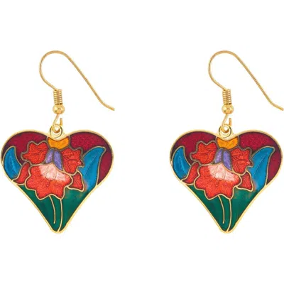 Susan Caplan 1980s Vintage Cloisonné Heart Earrings In Red Multi