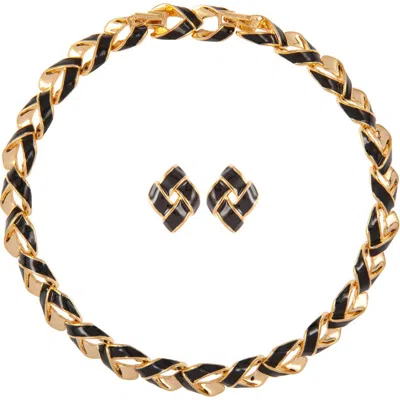 Susan Caplan 1990s Vintage D'orlan Black Enamel Necklace And Earrings Set