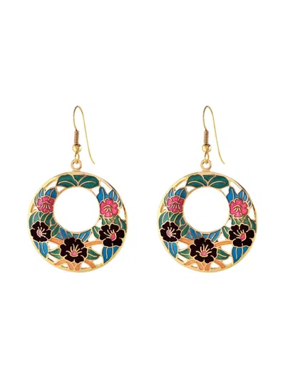 Pre-owned Susan Caplan Vintage 1980s Cloisonné Floral Earrings In Gold