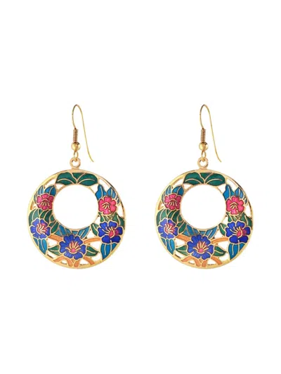 Pre-owned Susan Caplan Vintage 1980s Cloisonné Floral Hoop Earrings In Gold