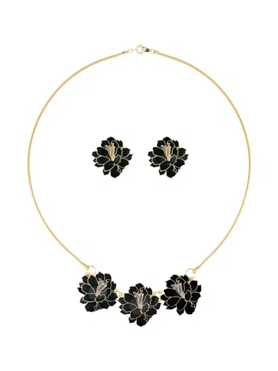 Pre-owned Susan Caplan Vintage 1980s Cloisonné Flower Necklace And Earrings Set In Gold