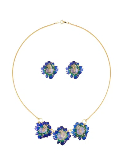 Pre-owned Susan Caplan Vintage 1980s Cloisonné Lotus Flower Necklace And Earrings Set In Gold