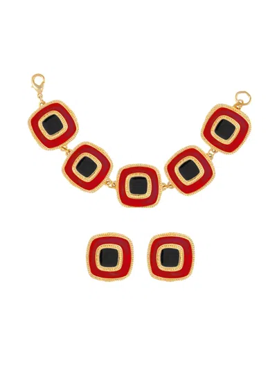 Pre-owned Susan Caplan Vintage 1980s Enamel Earrings And Bracelet Set In Gold