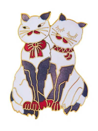 Pre-owned Susan Caplan Vintage 1980s Love Cats Brooch In White