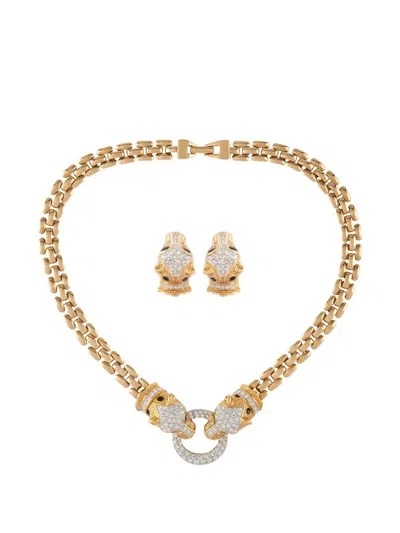 Pre-owned Susan Caplan Vintage 1980s Panther Motif Necklace And Clip-on Earrings Set In Gold