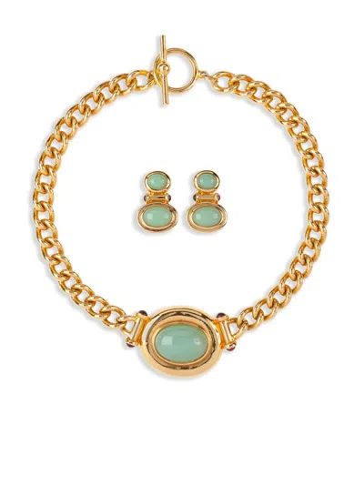 Pre-owned Susan Caplan Vintage 1990s Elizabeth Taylor Cabochon-embellished Necklace And Earrings Set In 金色