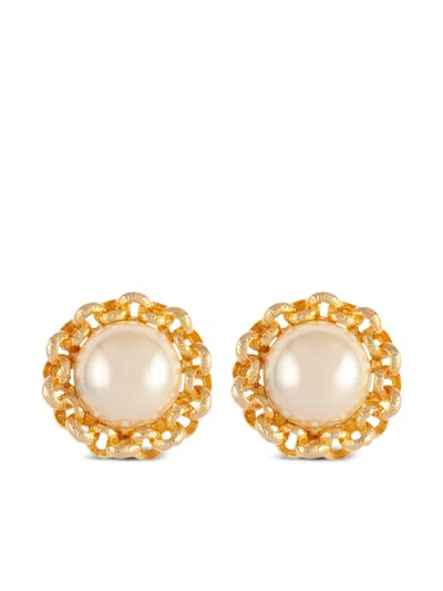 Pre-owned Susan Caplan Vintage 1990s Faux-pearl Clip-on Earrings In Gold