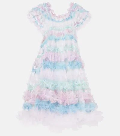 Susan Fang Air-flower Floral Tulle Midi Dress In Blue/pink