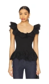 Susan Fang Embroidered Smocked Ruffle Top In 黑色