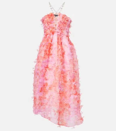 Susan Fang Floral-appliqué Smocked Tulle Midi Dress In Pink