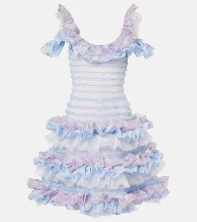 Susan Fang Printed Smocked Ruffled Minidress In Blue