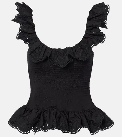 Susan Fang Ruffled Cotton Peplum Top In Black