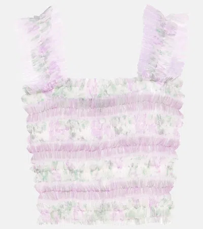 Susan Fang Shirred Floral Tulle Top In Purple