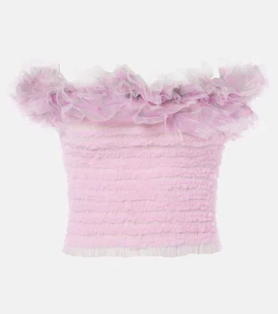 Susan Fang Shirred Off-shoulder Tulle Top In Pink