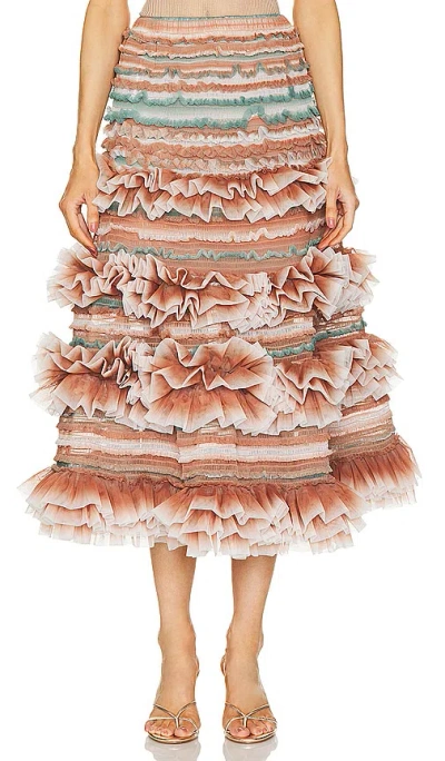 Susan Fang Shirred Striped Tulle Midi Skirt In Multicoloured
