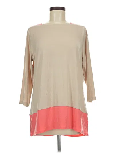 Pre-owned Susan Graver 3/4 Sleeve Top Tan Color Block Pattern Boatneck Tops In Brown