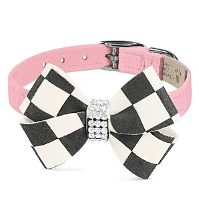 Susan Lanci Designs Windsor Check Nouveau Bow 1/2 Collar In Puppy Pink
