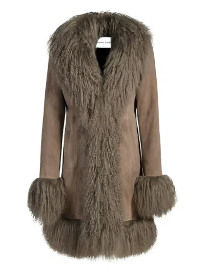 Susana Chow Dorothy Shearling-trim Suede Coat In Brown