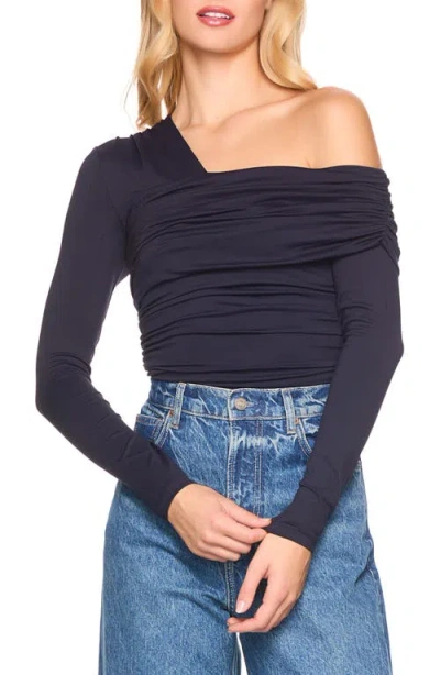Susana Monaco Asymmetric Off The Shoulder Ruched Long Sleeve Top In Midnight