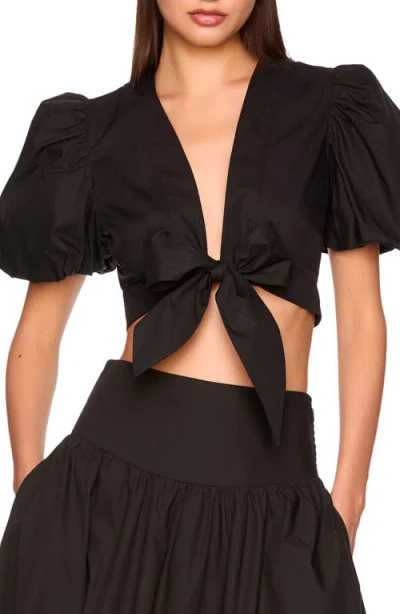 Susana Monaco Bubble Sleeve Tie Front Cotton Poplin Top In Black