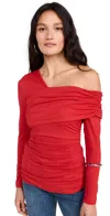 Susana Monaco Asymmetric Off The Shoulder Ruched Long Sleeve Top In Perfect Red