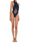 Susana Monaco Cross Halter Bodysuit In Navy Pinstripe In Blue