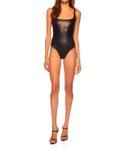 Susana Monaco Faux Leather Low Back Tank Bodysuit In Black