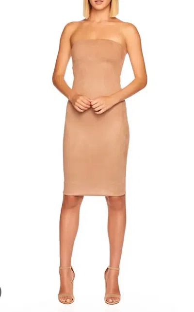 SUSANA MONACO FAUX SUEDE TUBE STRAPLESS MIDI DRESS IN SAND