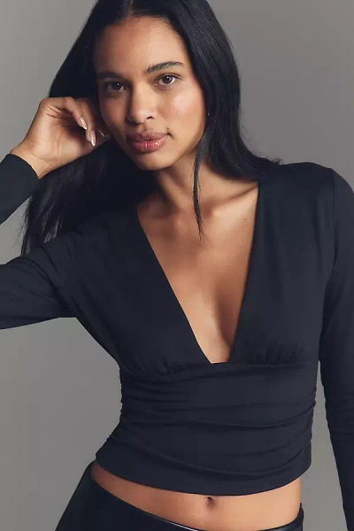 Susana Monaco Long-sleeve V-neck Ruched Top In Black