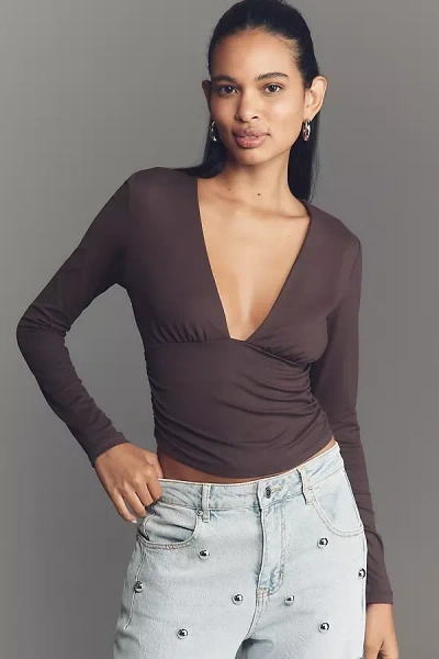 Susana Monaco Long-sleeve V-neck Ruched Top In Brown