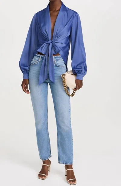 Susana Monaco Matte Satin Tie Blouse In Mediterranean In Multi
