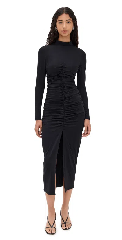 Susana Monaco Mock Neck Gathered Front Long Sleeve Dress Black In Brown