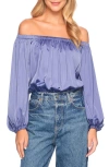Susana Monaco Off The Shoulder Matte Satin Blouson Bodysuit In Mediterranean
